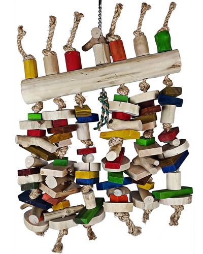 Vibrant Abacus Hanging Java Wood Toy with colorful shapes and natural wood blocks on sisal rope, ideal for large parrots.