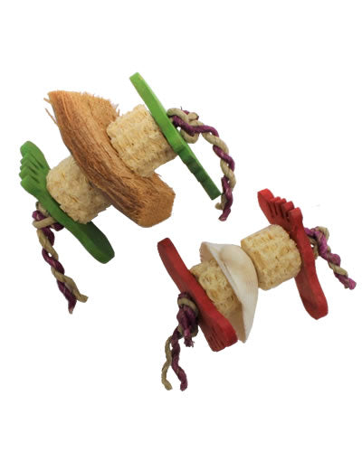 Colorful A&E Java Wood Foot Toy 2pk, perfect for medium birds, featuring unique textures and shapes for engaging play.