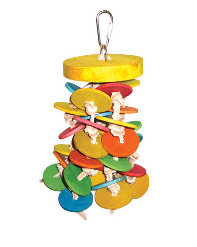 Colorful wooden wafers strung on knotted leather create a fun, chewable bird toy perfect for medium-sized parrots.