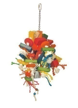 Vibrant bird toy with colorful wood blocks, sisal rope, beads, and a shiny bell, perfect for large birds to explore.