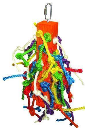 Vibrant Happy Beaks preening toy with colorful sisal ropes and a sturdy wooden block, perfect for medium to large birds.