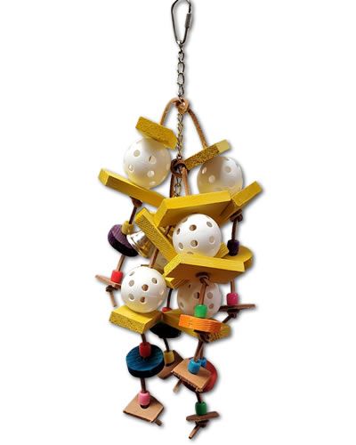 Vibrant Happy Beaks ball chew toy for birds, featuring colorful wooden shapes, plastic beads, and natural wood on a chain.
