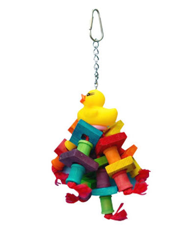 Charming Rubber Duck Monster-Happy Beaks toy with a cute duck on a chain, vibrant wood slices, and knotted rope strands.
