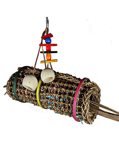 Colorful Vine Mat Roll bird toy with woven texture, stuffed paper, and playful bagels, ideal for large birds.