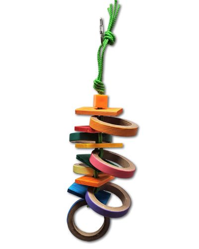 Colorful bird toy with vibrant 2" Birdie Bagels and wooden discs on poly rope, perfect for medium birds to chew and shred.