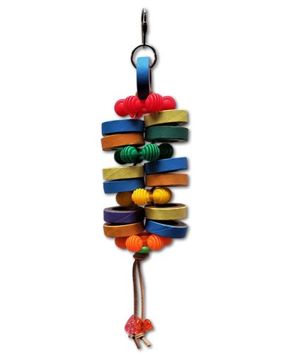 Vibrant bird toy with colorful plastic rings and chunky bagels on a sturdy leather strip, perfect for medium-sized birds.