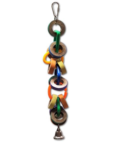 Colorful Hoopaloo Happy Beaks bird toy with stacked bagels on plastic links and a shiny bell, perfect for medium birds.