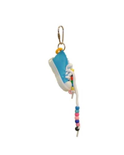 Colorful bird toy sneaker with wavy plastic beads on laces, designed for small to medium birds to play and chew.