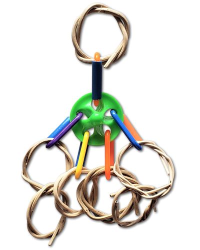 Colorful U.F.O. Happy Beaks bird toy with plastic links and woven rings, perfect for small birds to chew and play.