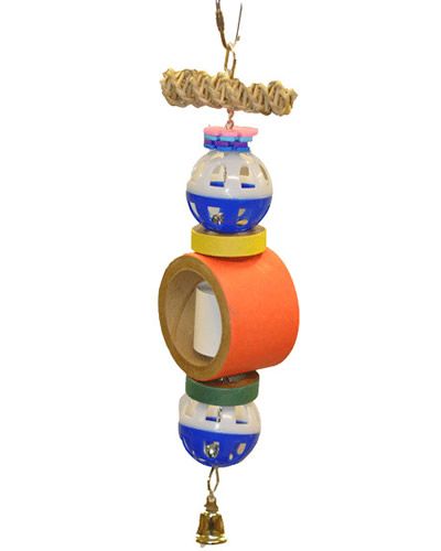 Colorful bird toy with a roll of paper tape, chunky bagel, plastic accents, and a jingling bell, perfect for medium birds.