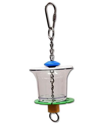 Vibrant Cheers Small Happy Beaks toy for small birds, featuring a colorful acrylic cup with slidable lids to hide treats.