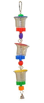 Colorful Lg Cheers-Happy Beaks toy with three acrylic cups and sliding lids, perfect for medium birds to forage and play.