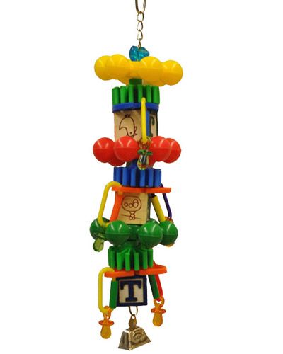 Vibrant Spin Tower toy for birds, featuring colorful plastic gears, wooden ABC blocks, and a jingly bell on a metal chain.