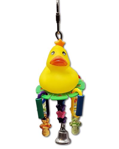 Charming rubber duck toy for birds, featuring colorful plastic discs, links, pacifiers, stars, and a jingly liberty bell.