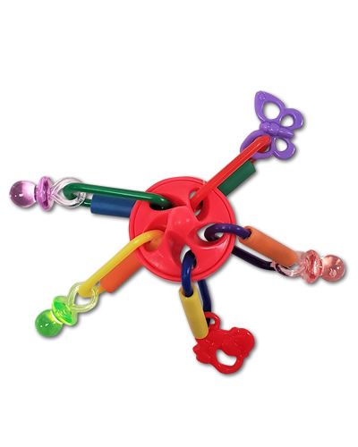 Colorful U.F.O 2 Happy Beaks bird toy with a UFO-shaped centerpiece, dangling plastic links, and pacifiers for small birds.