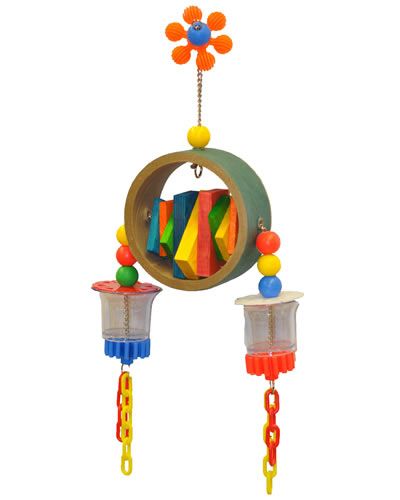 Colorful Happy Beaks Breakfast for Two bird toy with a birdie bagel, wood chew pieces, and treat-filled plastic cups.