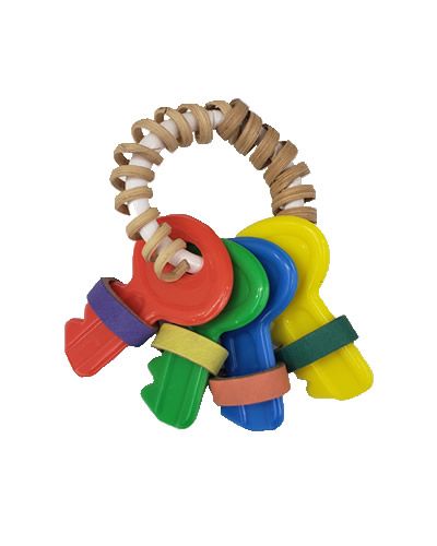 Vibrant plastic keys and mini birdie bagels dangle from a ring, creating a playful foot toy for medium to large birds.