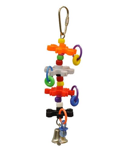 Colorful bird toy with plastic beads, gears, and a small liberty bell, designed for small birds to beak and play with.