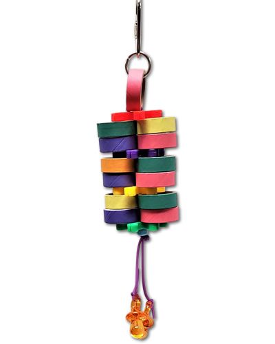 Colorful bird toy with mini bagels, plastic stars, and dangling pacifiers, perfect for small birds to chew and play.