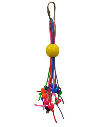 Vibrant Love Comet bird toy with colorful plastic hearts dangling from strands, secured by a large bead, perfect for small birds.