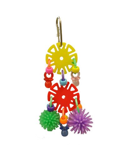 Colorful Happy Beaks Spikes & Sun Chips bird toy with vibrant beads, pacifiers, and koosh balls, perfect for small birds.