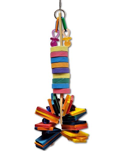 Colorful bird toy with a wooden spoon handle, adorned with fatty bagels, plastic beads, and a leather strip for chewing fun.