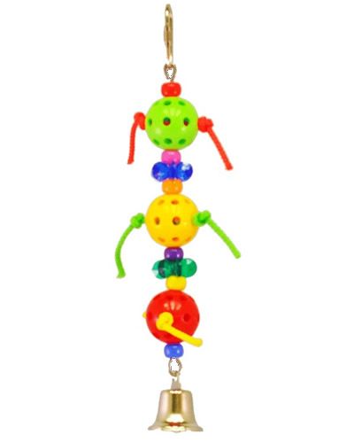 Colorful Tres Huevos bird toy with three plastic balls, beads, stars, and a bell, hanging on a wire for small birds.