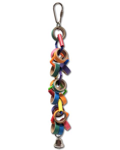 Colorful bird toy with dangling bagels, beads, and a small liberty bell, hanging from plastic rings for small birds.