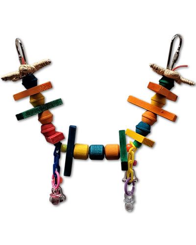 Vibrant Birdie Bridge toy with colorful wooden slats, beads, woven stars, and jingly bells on a plastic chain for small birds.