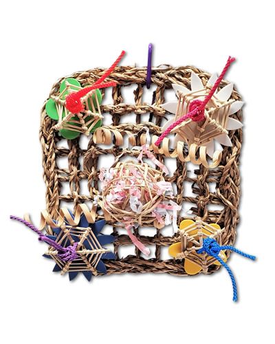 Colorful small vine mat toy by Happy Beaks USA, adorned with foam flowers, curly bamboo, poly rope, and a treat-filled munch ball.