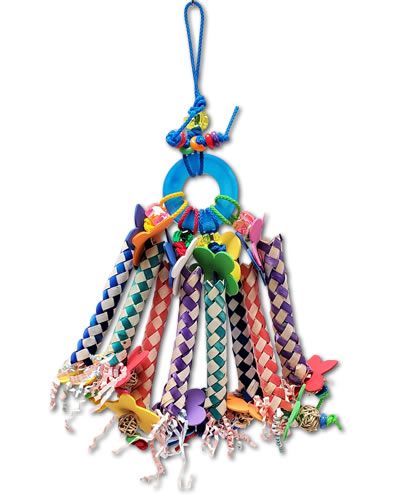 Colorful finger traps cascade from a plastic ring, adorned with foam flowers and wicker balls, in a playful bird toy design.