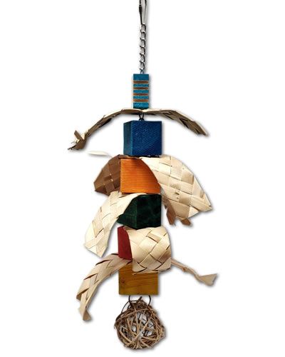 Vibrant bird toy with colorful wooden blocks, woven palm leaves, and a wicker ball, hanging on a sturdy chain for playful beaks.