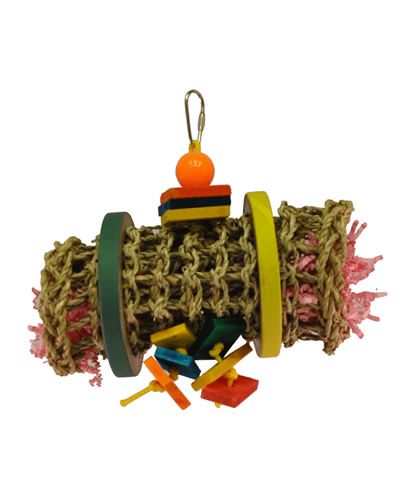 Vibrant sea grass mat toy for birds, rolled up with colorful shreddable paper, birdie bagels, and bright wood accents.