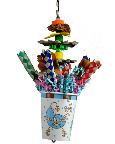 Colorful bird toy with varied textures, including finger traps and shreddable parts, hanging as a fun flower pot design.