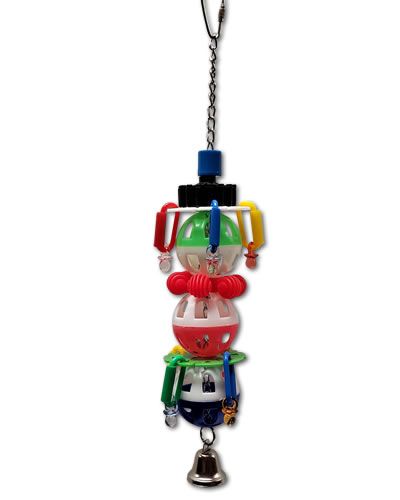 Colorful Birdie Business Happy Beaks toy with jingling bells, plastic balls, and pacifiers, perfect for small to medium birds.