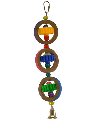 Colorful bird toy with movable plastic gears, balls, and birdie bagels, designed for small to medium birds to chew and play.