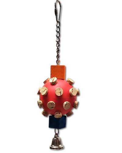 Vibrant Palm Nut Bird Toy with a colorful plastic ball, cork-filled holes, a wooden block, and a liberty bell on a chain.