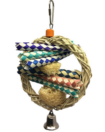 Colorful wicker ring toy with a dangling bell, loofah slices, and finger traps, perfect for small to medium birds to shred.