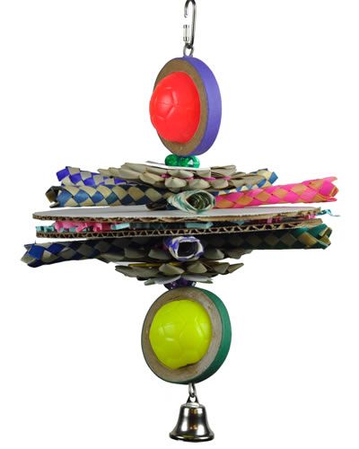 Vibrant 1960's UFO Happy Beaks bird toy with colorful bagels, plastic balls, bamboo traps, palm stars, and a shiny bell.