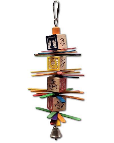 Vibrant Spiral Fan Toy for birds, featuring colorful ice sticks, wooden ABC blocks, beads, and a bell for playful chewing.