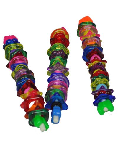 Colorful lollipop-shaped bird toy with vibrant plastic parts, designed to entertain medium-sized birds with playful fun.