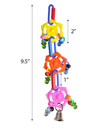 Colorful bird toy with movable plastic rings, acrylic beads, pacifiers, and a small bell, perfect for small parrots.