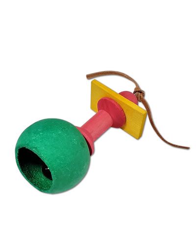 Colorful Tiny Dancer parrot foot toy with a plastic pacifier nestled in a bell-shaped wooden cup, perfect for beaking fun.