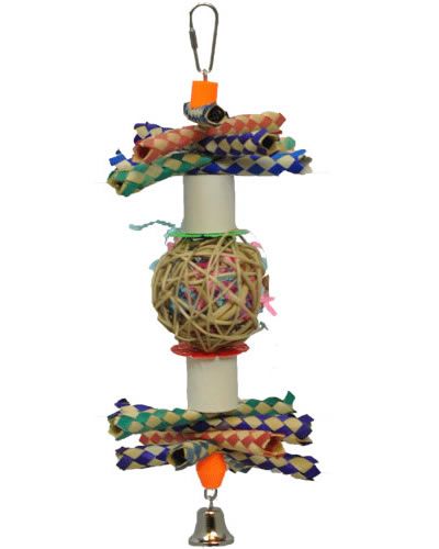 Colorful Medium Vine Ball Shredder toy by Happy Beaks USA, featuring bamboo traps, a crinkle-filled ball, and a bell.
