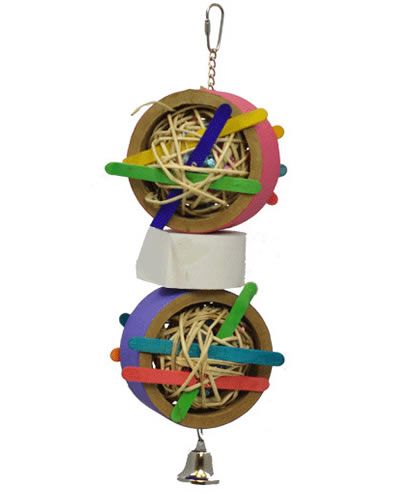 Colorful Large Vine Ball Shredder toy by Happy Beaks USA, featuring crinkle paper, popsicle sticks, and a fun bell for birds.