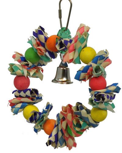 Colorful Sm Fiesta Wreath toy for birds, featuring finger traps, wooden balls, and a jingly bell for shredding fun.