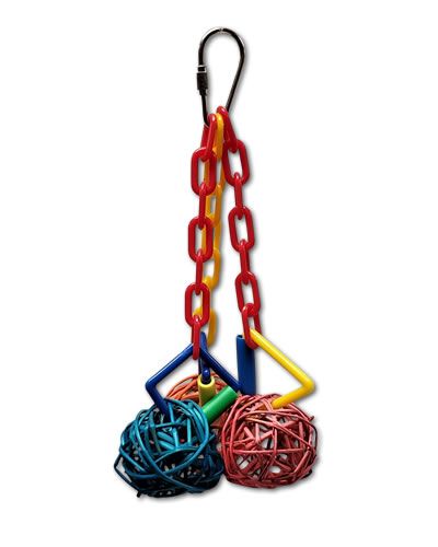 Colorful Sm Munch Ball Cluster bird toy with three wicker balls on a plastic chain, perfect for stuffing treats for small birds.