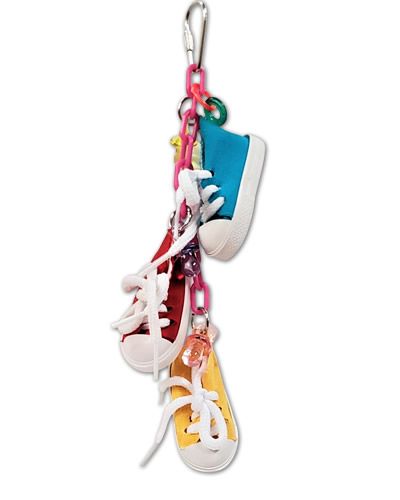 Colorful bird toy featuring three tiny sneakers with acrylic pacifiers, hanging on a plastic chain, perfect for treat-filled fun.