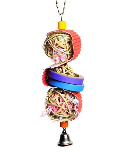 Colorful medium munch ball shredder bird toy with confetti paper, bagels, corrugated textures, and a jingly bell.