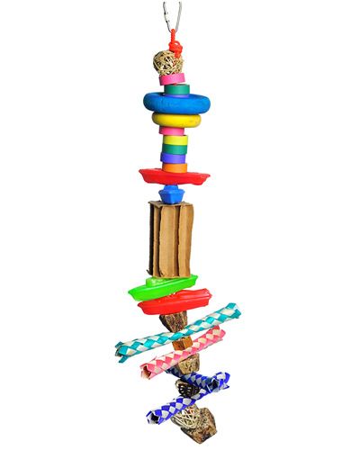 Colorful Rainbow Boats bird toy with shreddable bamboo traps, plastic boats, bagels, a foraging cube, and wood wheels.